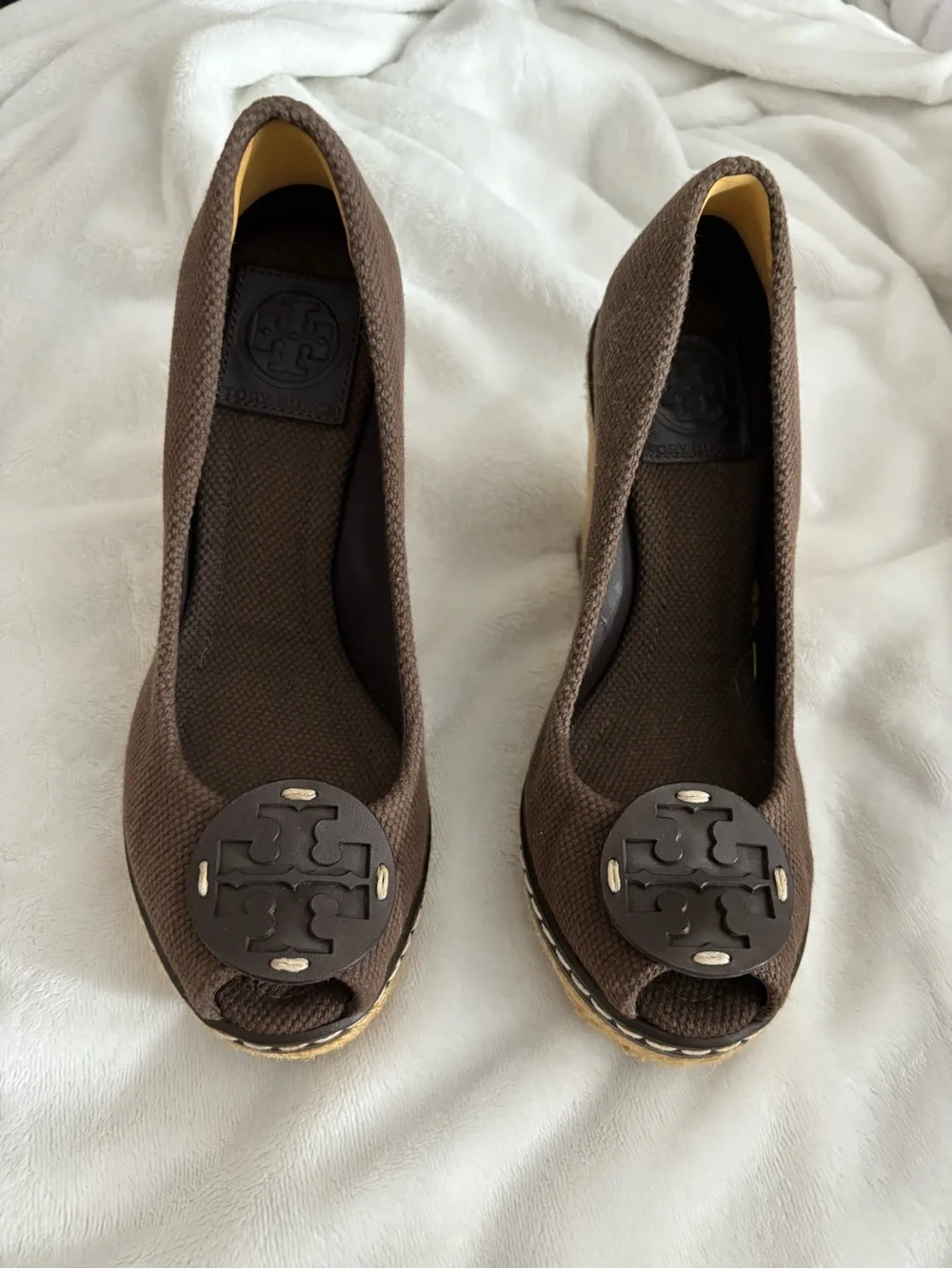 Tory Burch Brown Canvas Peep-Toe Wedge Espadrilles